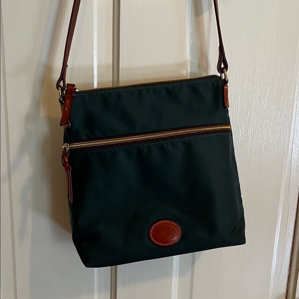 Forest green nylon Dooney Crossbody Bag with Brown leatherAccents